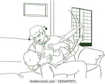 outline of father with kid boy playing at home, refreshing mood. parent with kid