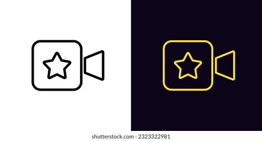 Icono de vídeo favorito de contorno, con trazo editable. Cámara de cine con signo de estrella, contenido de video con alta popularidad. Video show de celebridades, canal de películas de superestrellas, contenido de los principales medios. Icono de vector