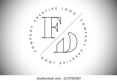 Esquema del logotipo FD f d Letter con el diseño de corte e interseccionado. Ilustración de vectores de marco redondo.