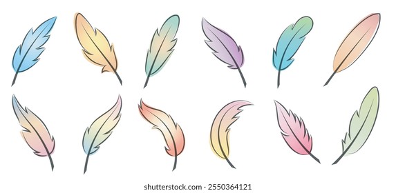 Outline feather icon set. Contour colored feather icons isolated vector illustration