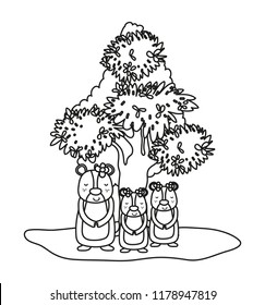 outline female bear its sons wild animals and tree