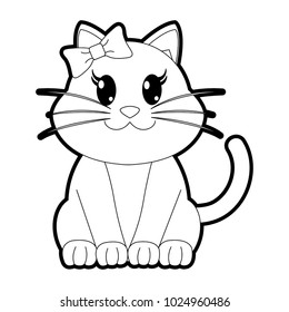 outline female cat cute animal with ribbon bow