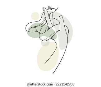 Outline Female hand with a snake on white background. Line art snake with green shapes vector illustration