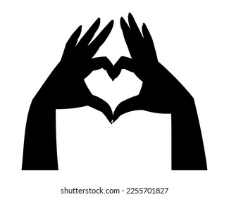 Outline female hands making heart shape with fingers, vector isolated black illustration.