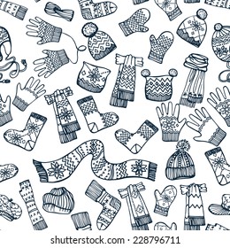 Outline Female knitted accessories seamless pattern on Sketchy style .Winter  wear.Mittens,gloves,stockings,socks,hats, scarf with ornament.Backdrop,background,fabric,Wallpaper.Hipster Fashion Vector.