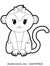outline female monkey cute animal with ribbon bow