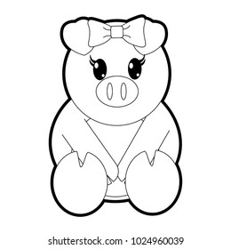 outline female pig cute animal with ribbon bow