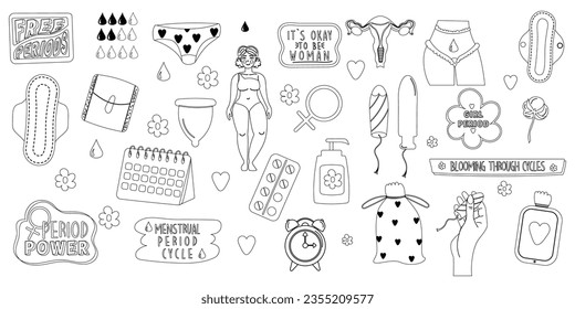 Outline feminine hygiene products collection with lettering. Menstruation period woman. 