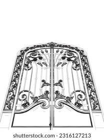 Outline Fence gate isolated cartoon icon. Vector metal entrance. Vector illustration fence gate on white background. Vector illustration fence gate white background. Decorative architectural element.