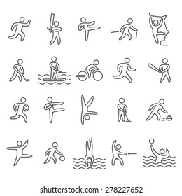 Outline figure athletes. Icons popular sports. Linear vector set. Running, cricket, hockey, baseball, rugby, kickboxing, acrobatics, dance, basketball and other.