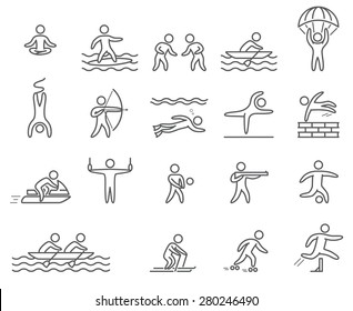 Outline figure athletes. Icons popular sports. Linear vector set. Yoga, surfing, skydiving, rope jumping, archery, volleyball, shooting, diving, parkour, jetski and other