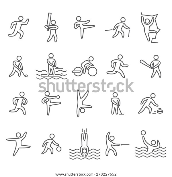 Outline figure athletes. Icons
popular sports. Linear vector set. Running, cricket, hockey,
baseball, rugby, kickboxing, acrobatics, dance, basketball and
other.