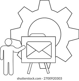 Outline of a figure presenting an envelope on a stand overlaid with a cogwheel