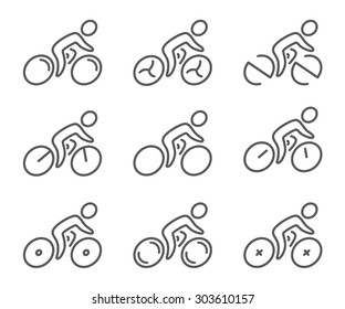 Outline figure set of cycling. Linear sports icons cyclists