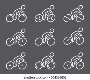 Outline figure set of cycling. Linear sports icons cyclists