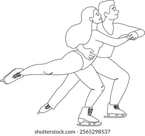 Outline Figure skating couple in elegant synchronized motion, showcasing balance and artistry on ice vector illustration. The female skater is lifted slightly as they glide together.