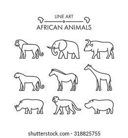 Outline figures of African animals. Vector icon set. Lion, cheetah, leopard, elephant, buffalo, giraffe, zebra, rhino, monkey and hippo