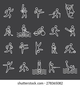 Outline figures athletes. Icons of people popular sports. Linear vector set. Running, cricket, hockey, baseball, rugby, kickboxing, acrobatics, dance, basketball and other.