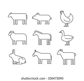 Outline figures of farm animals. Vector figures icon set. Vector cow, pig, chicken, horse, rabbit, goat, donkey, sheep and geese
