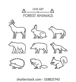 Outline figures of forest animals. Vector icon set. Deer, rabbit, wolf, bear, boar, fox, squirrel, beaver and hedgehog.