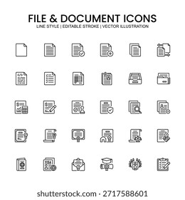 Esquema de archivos e íconos de documentos en estilo de línea limpia para UI, UX, Web, App móviles y presentaciones.