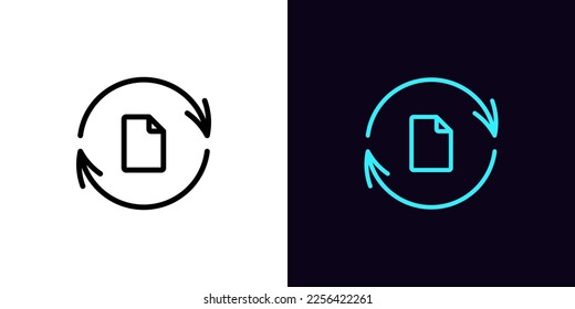 Outline file update icon, with editable stroke. Update arrows frame with document sign, file sync pictogram. Renew contract, update agreement document, refresh data, file backup. Vector icon