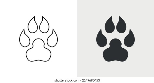 Outline and Filled Beast Footprint Icons. Wolf paw print silhouette. Vector stock image