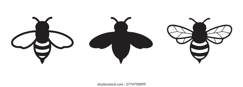 Outline and filled bee icons for various design needs. Simple vector illustration of honey bees or bumblebees.