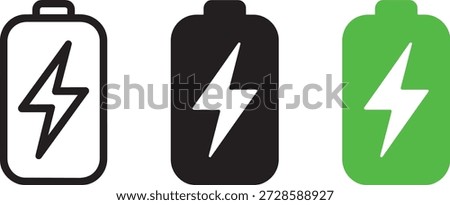 Outline, filled, and colored versions of battery symbol; electric charge indicator; power level representation; energy storage concept; charging status icon.