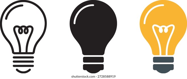Contorno, preenchido e versões coloridas da lâmpada; conceito de pensamento brilhante; solução brilhante; lâmpada elétrica; inspiração e representação de invenção.