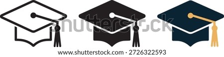 Outline, filled, and colored versions of mortarboard with tassel; academic hat; student success; college degree; educational milestone celebration.