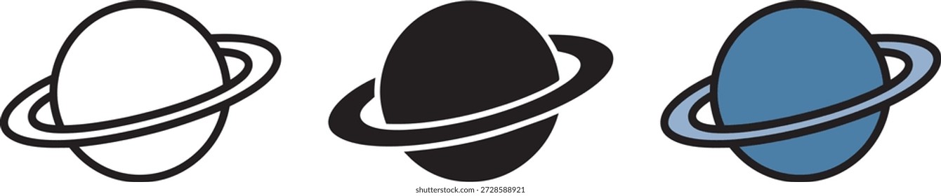 Umrisse, gefüllte und farbige Versionen des Ringelplaneten; kosmischer Körper; Universum-Symbol; Weltraumgegenstand; Wissenschafts- und Forschungskonzept.