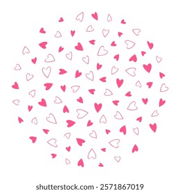 Outline and filled Hand drawn hearts Circular background texture in trendy pink. Valentines Day fond