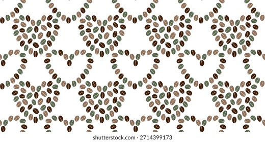 Esquema y forma de corazón lleno Hecho de granos de café multicolores Patrón de Anuncio sin fisuras Idea de formato. Anuncios aislados de la promoción del telón de fondo de las tarjetas temáticas del café de la Ilustración vectorial, folletos, etiquetas, Precio
