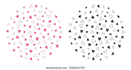 Outline and filled hearts pink and black Circular monochrome backgrounds St Valentine Day greeting