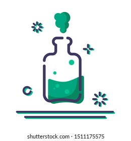 outline filled icon - laboratory flask or retort with liquid for diagnosis, analysis, scientific experiment. Chemical lab and equipment. Isolated colored vector objects or signs in line style
