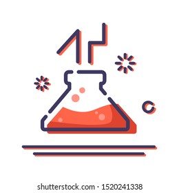 outline filled icon - laboratory flask or retort with liquid for diagnosis, analysis, scientific experiment. Chemical lab and equipment. Isolated colored vector objects or signs in line style