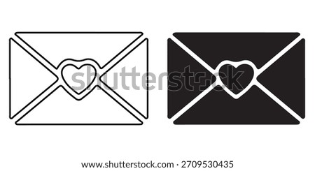 Outline and filled icon of a sealed envelope with a heart placed in the center of the closure. Represents love letter, secret message, romantic mail, communication, or correspondence. Classic vector