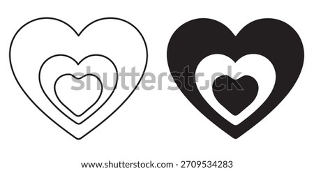 Outline and filled icon showing three hearts nested inside one another, creating a layered effect. Represents deep love, affection, multiple levels of care, or concentric design. Minimalist 