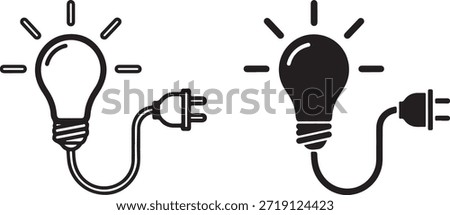 Outline and filled lightbulb with cord and plug black white