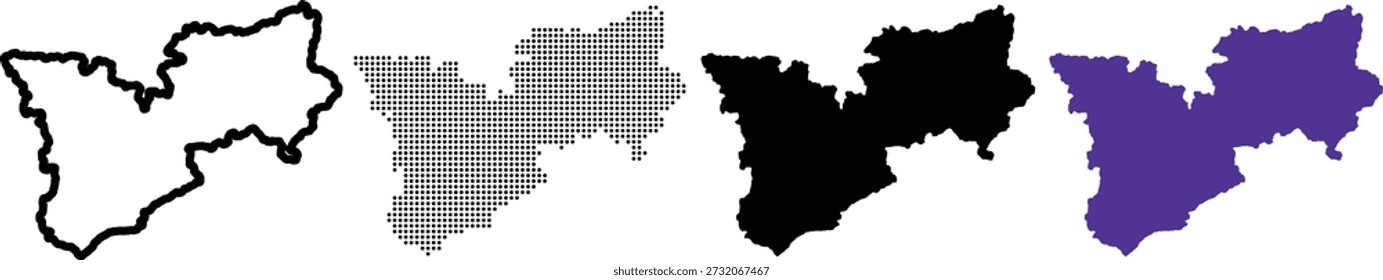 Outline and filled shapes of a map in black and purple