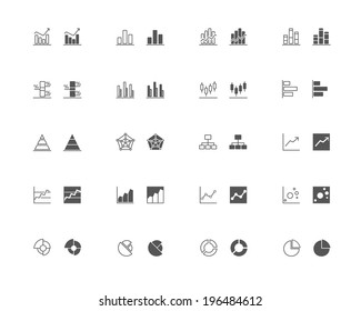 Outline and filled simple vector icons of graphic and charts. Transparent background, snapped to pixel shapes, fully scalable