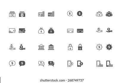 Outline and filled simple vector icons of money related stuff. Flat style, snapped to pixel shapes, fully scalable