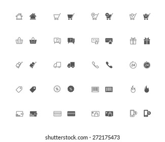 Outline and filled simple vector icons of on-line shopping related stuff. Flat style, snapped to pixel shapes, fully scalable