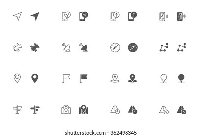 Outline and filled simple vector icons of Navigation related stuff. Snapped to pixel shapes, fully scalable