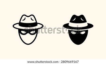 Outline and filled spy head symbols. Anonymous person wearing fedora and eye mask for security and stealth concept.