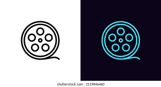 Outline film reel icon, with editable stroke. Movie strip sign, cinema tape pictogram. Movie reel, film roll, video footage and recording, cinematography. Vector icon, symbol for UI and Animation