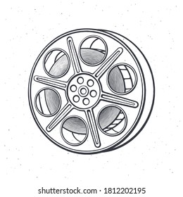 Outline of film stock. Vintage camera reel. Movie industry. Old cinema strip. Retro storage of analog video information. Vector illustration. Hand drawn black ink sketch, isolated on white background