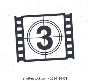 Outline of film strip part with countdown timer. Retro frame of filmstrip. Vintage movie timer for cinema. Film industry. Vector illustration. Hand drawn black ink sketch isolated on white background