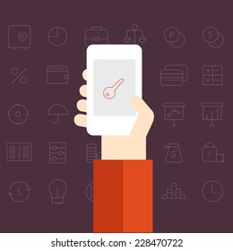 Outline finance icon set with lock, key and clock
